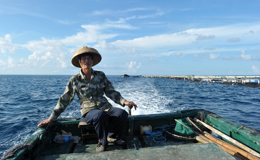 Pescador cria peixes em cativeiro no Mar do Sul da China