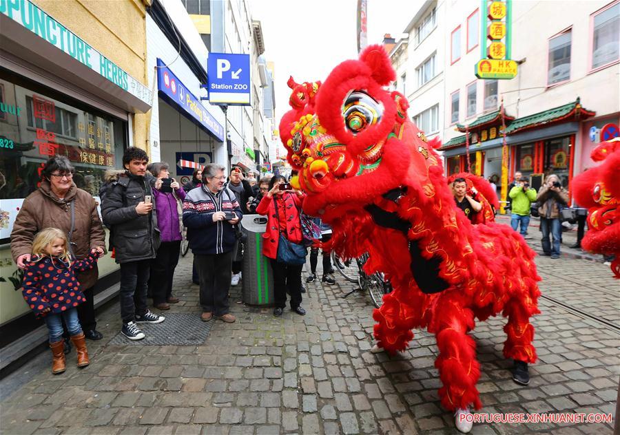 Dança do leão é realizada na Bélgica para celebrar o Ano-Novo Lunar chinês