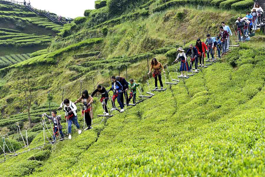 Jardim de chá em Hubei recebe turistas durante o feriado do Dia do Trabalho