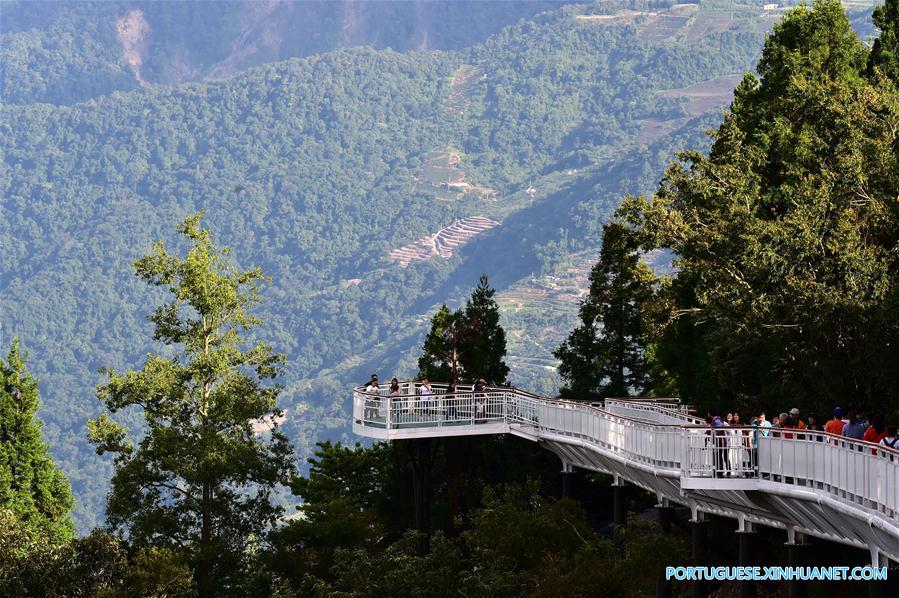 Pessoas aproveitam paisagem em trilha turística de alta altitude em Taiwan