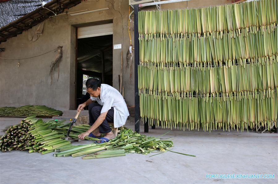 Aldeões produzem abanadores feitos de palmeira em Sichuan