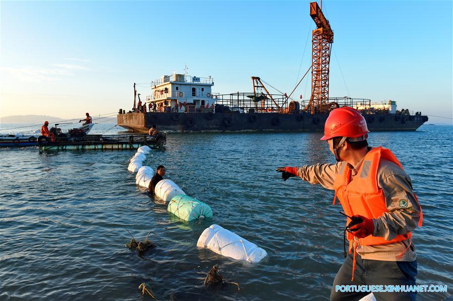 Linha de cabo submarino é instalada na Ilha Meizhou, no sudeste da China