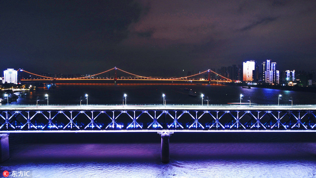 Panorama aéreo da ponte do Rio Yangtze em Wuhan