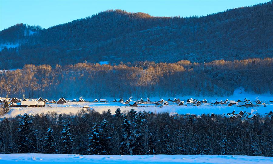 Paisagem do inverno da área cênica de Kanas em Xinjiang, noroeste da China