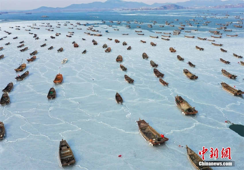 Galeria: barcos nos portos de Dalian congelam após queda acentuada de temperaturas