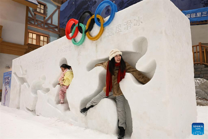Visitantes se divertem em parque temático de gelo e neve indoor em Shanghai
