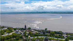 Fenômeno de maré do Rio Qiantang atrai turistas em Zhejiang, no leste da ChinaVista aérea de turistas observando o fenômeno de maré do Rio Qiantang na cidade de Haining, província de Zhejiang, no leste da China, em 30 de agosto de 2026. 